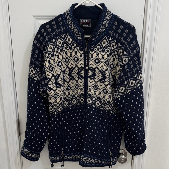 NOR WEAR Pure Wool Women's Navy and White Patterned Jacket Size Medium - Picture 1 of 9
